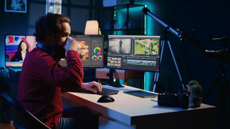 Videographer adjusting clips while enjoying cup of coffee in office